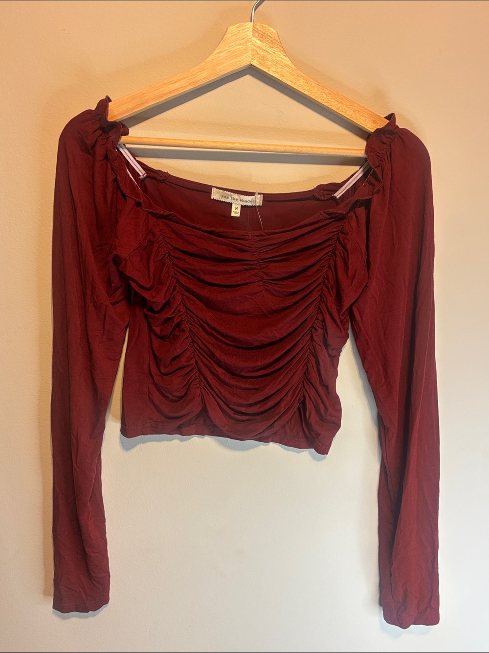 ✨NWT Nordstrom see the shade Burgundy Ruched Smocked Long Sleeve Top Blouse Med